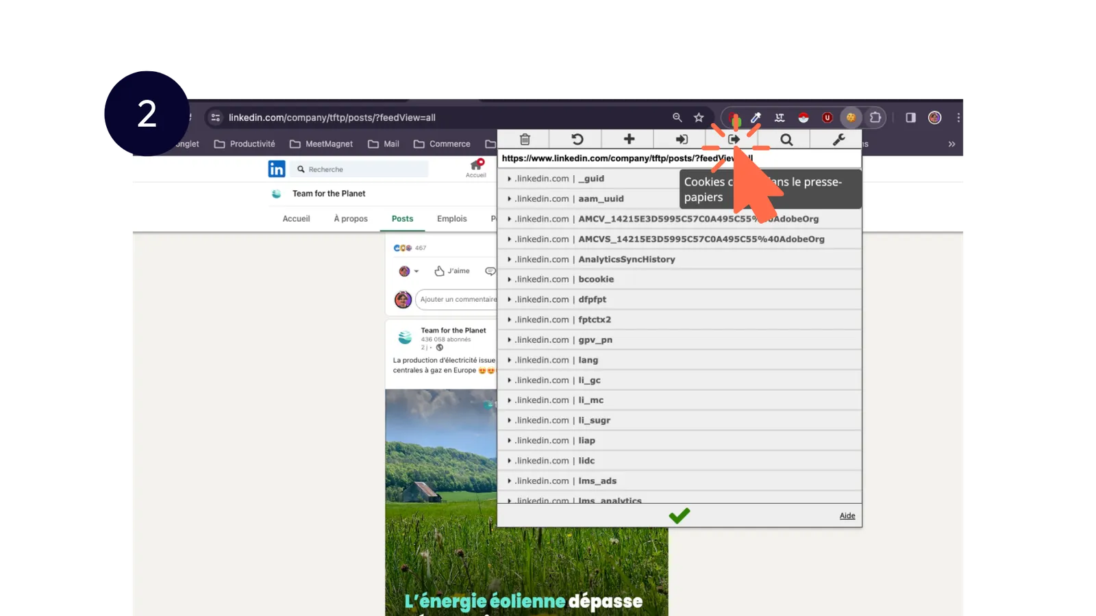 Copying the LinkedIn cookies exported from the Cookie-Editor extension