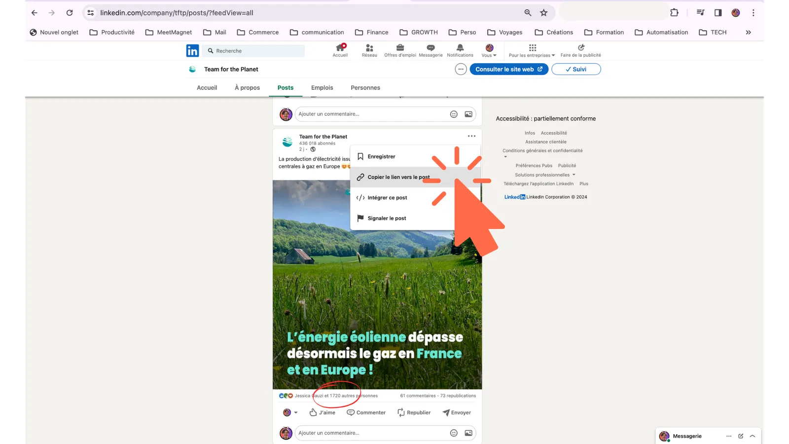 Post LinkedIn de Team for the Planet sur l’énergie éolienne : menu « Copier le lien vers le post » et nombre de réactions entouré