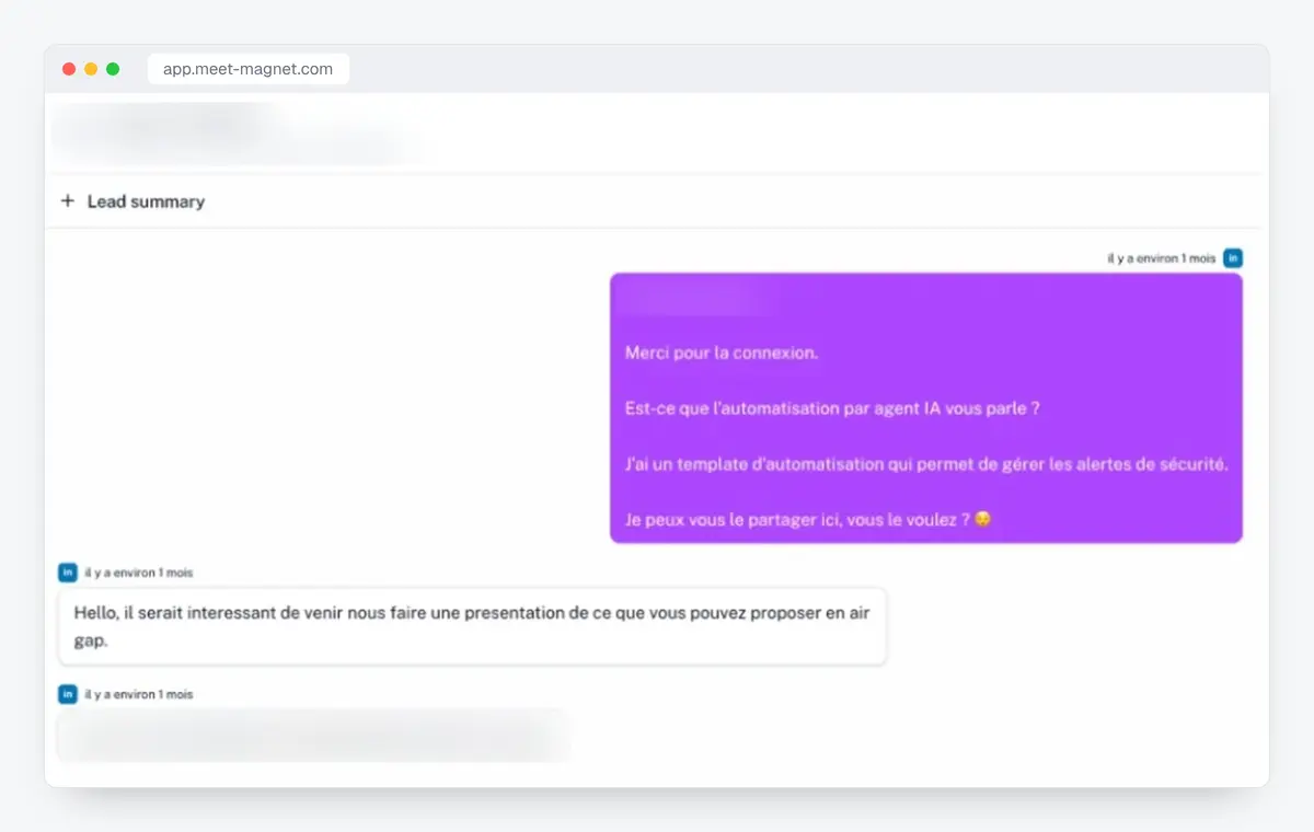 MeetMagnet app screenshot: an opener, then the prospect asking for a presentation, personal data blurred