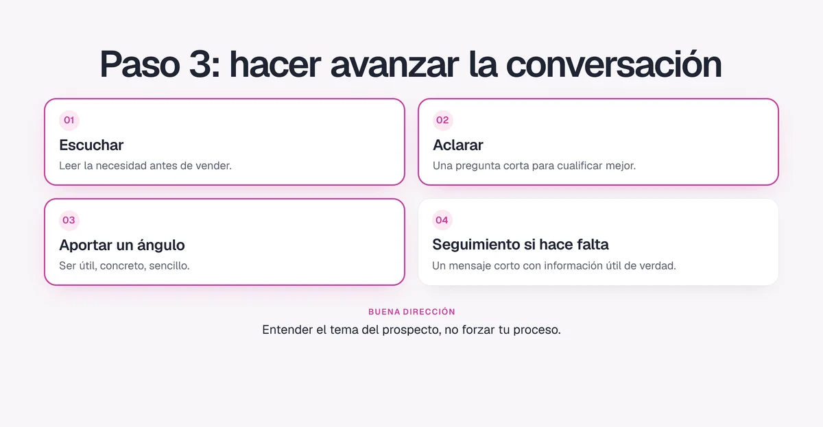 Paso 3, hacer avanzar la conversación: escuchar, aclarar, aportar un ángulo, hacer seguimiento si hace falta