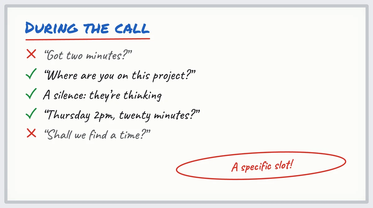 Cold call whiteboard: what to say and what to avoid during the call, down to a specific slot