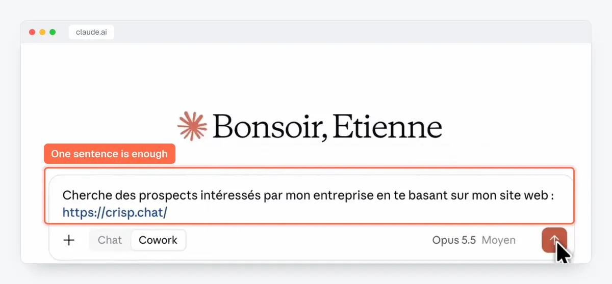 Screenshot of the MeetMagnet prospect search in Claude: a request to find prospects interested in my company