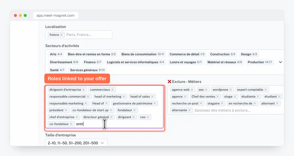 MeetMagnet app screenshot: the targeted and excluded job titles that filter detected prospects