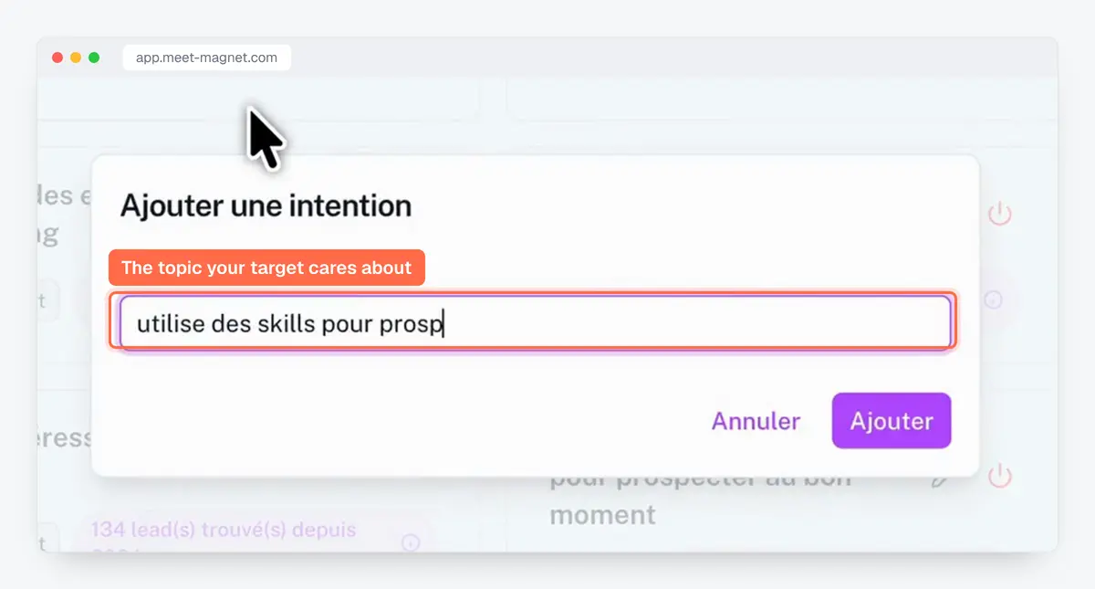 MeetMagnet app screenshot: adding a purchase intent, the topic your target cares about on LinkedIn
