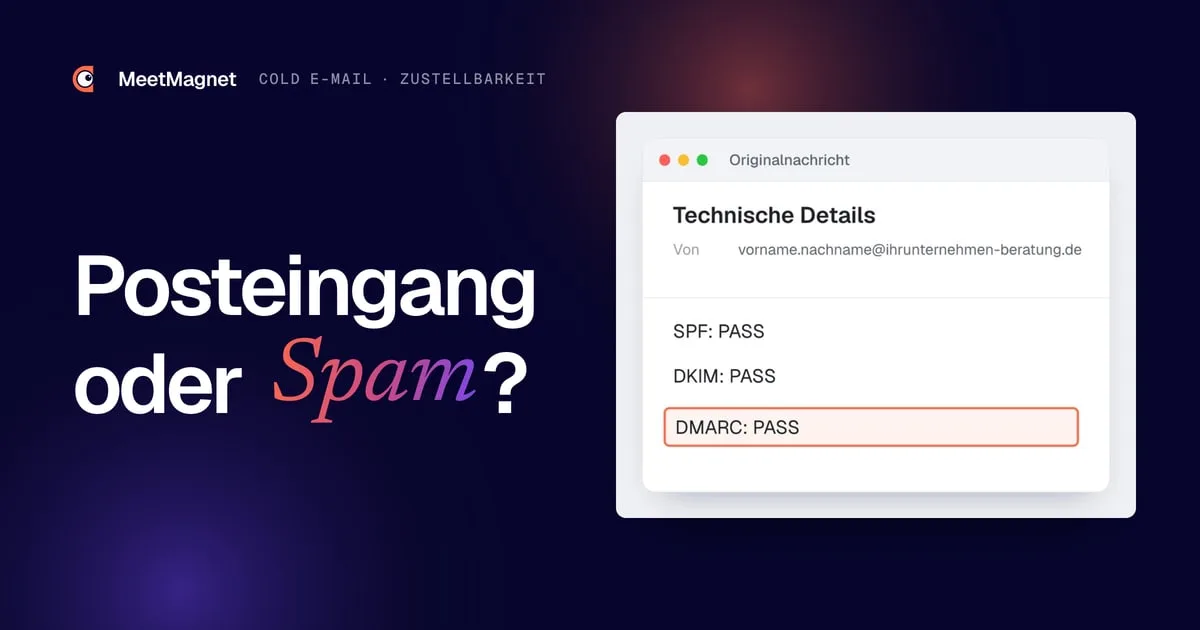 Beispiel der technischen Details einer empfangenen E-Mail: SPF, DKIM und DMARC auf PASS, die DMARC-Zeile markiert