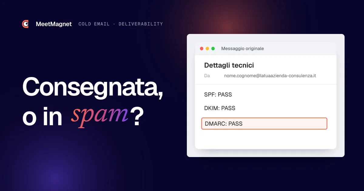 Esempio dei dettagli tecnici di un'email ricevuta: SPF, DKIM e DMARC su PASS, la riga DMARC evidenziata