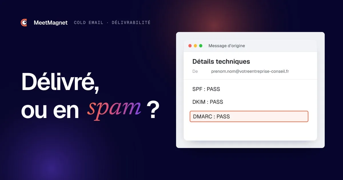 Exemple de détails techniques d'un email reçu : SPF, DKIM et DMARC à PASS, la ligne DMARC surlignée