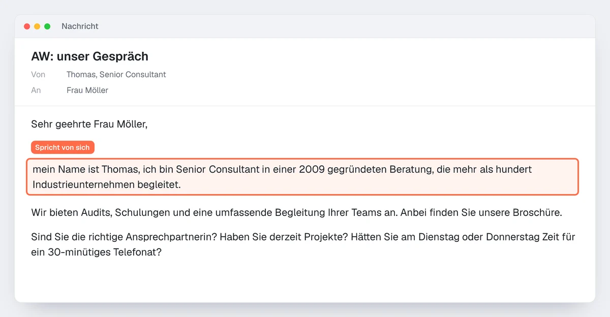 Beispiel einer misslungenen Cold E-Mail: falsches „AW:“, markierte Selbstdarstellung, Anhang und drei Fragen