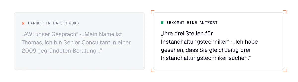 Cold E-Mail Fehler korrigiert: irreführender Betreff und Selbstdarstellung neben Betreff und Satz über den Interessenten