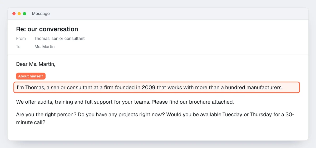 Example of a failed cold email: fake "Re:", a highlighted self-introduction, an attachment and three questions