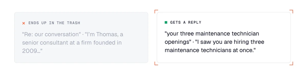 Cold email mistakes fixed: a misleading subject and a self-introduction next to a subject and a sentence about the prospect