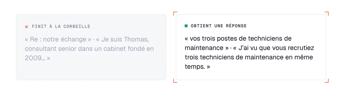 Erreurs cold email corrigées : un objet trompeur et une présentation de soi face à un objet et une phrase sur le prospect