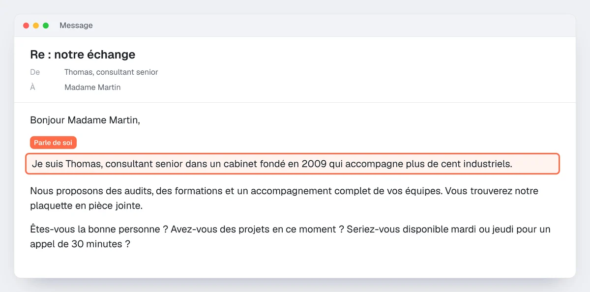 Exemple de cold email raté : faux « Re : », présentation de soi surlignée, pièce jointe et trois questions