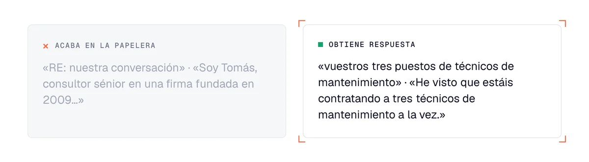 Errores de cold email corregidos: asunto engañoso y presentación personal frente a un asunto y una frase sobre el prospecto
