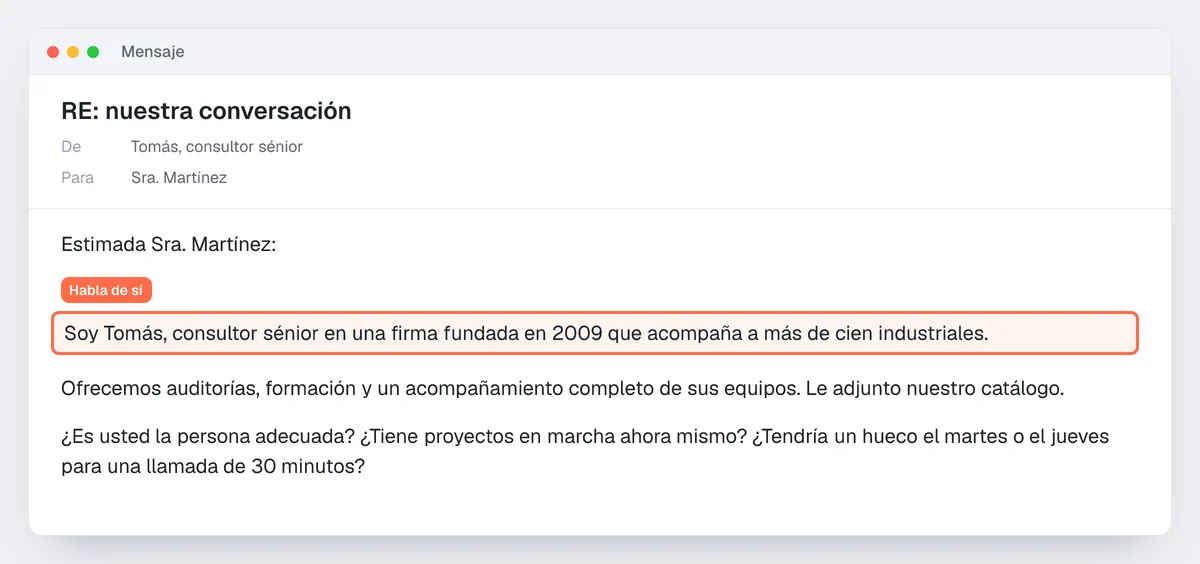 Ejemplo de cold email fallido: falso «RE:», presentación personal resaltada, adjunto y tres preguntas