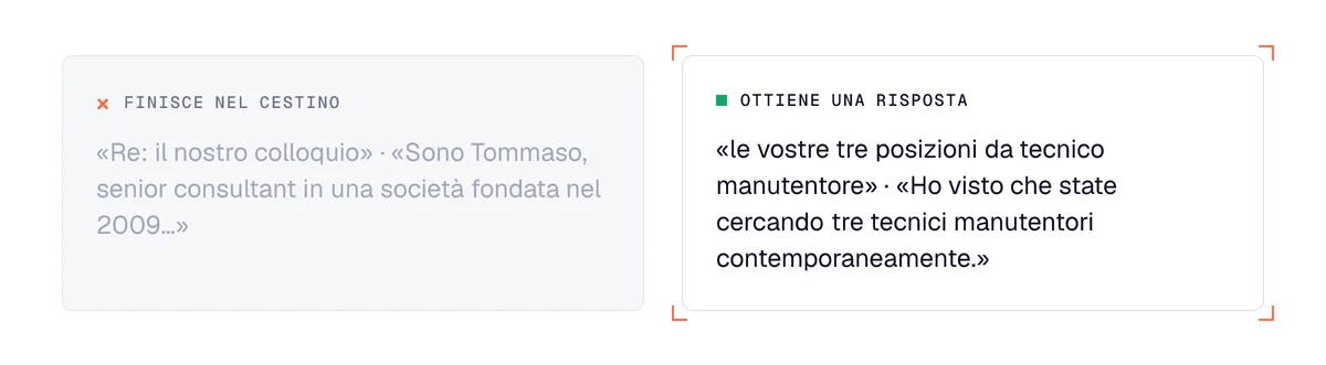 Errori cold email corretti: un oggetto ingannevole e una presentazione di sé accanto a un oggetto e una frase sul prospect