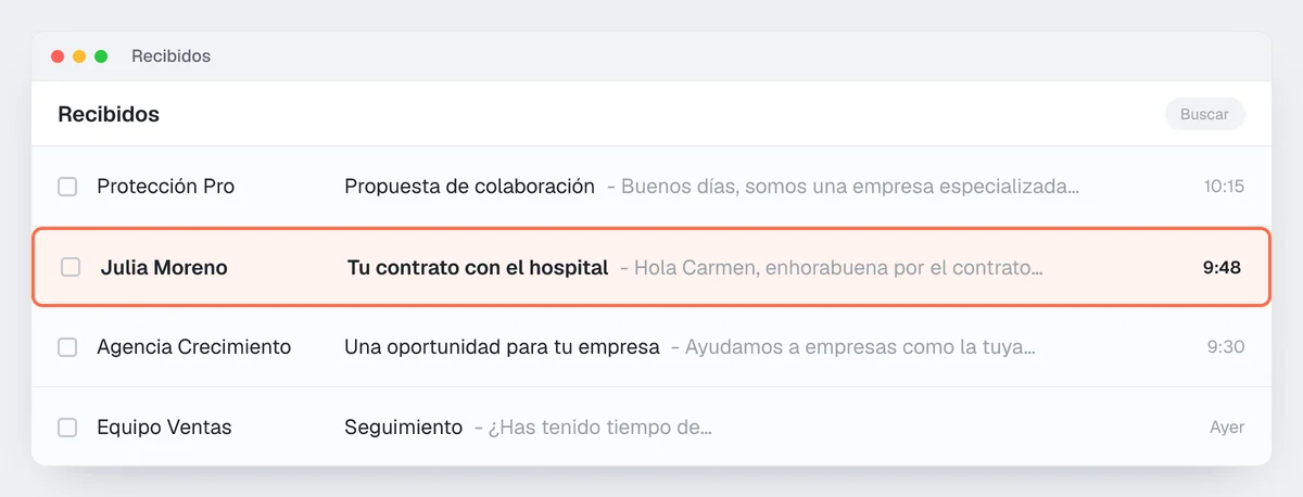 Ejemplo de bandeja de entrada: el asunto «Tu contrato con el hospital» destaca entre asuntos comerciales genéricos