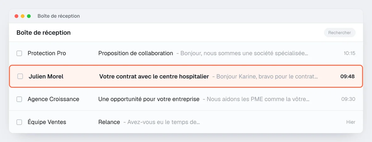 Exemple de boîte de réception : l'objet « Votre contrat avec le centre hospitalier » ressort parmi des objets génériques