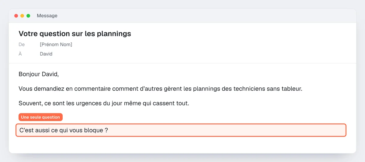 Exemple de mail de prospection après une question en commentaire : la question finale, à une ligne de réponse, est surlignée