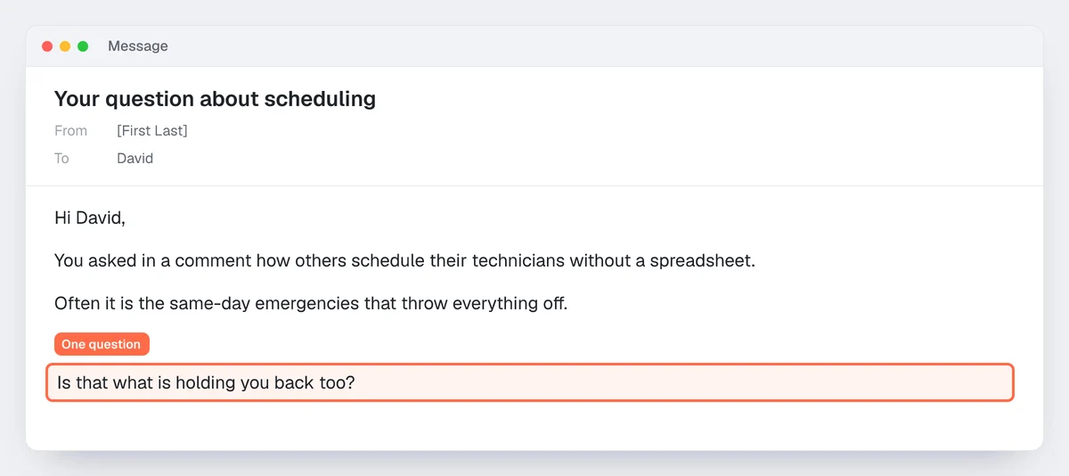 Example prospecting email after a question in a comment: the closing question, answerable in one line, is highlighted