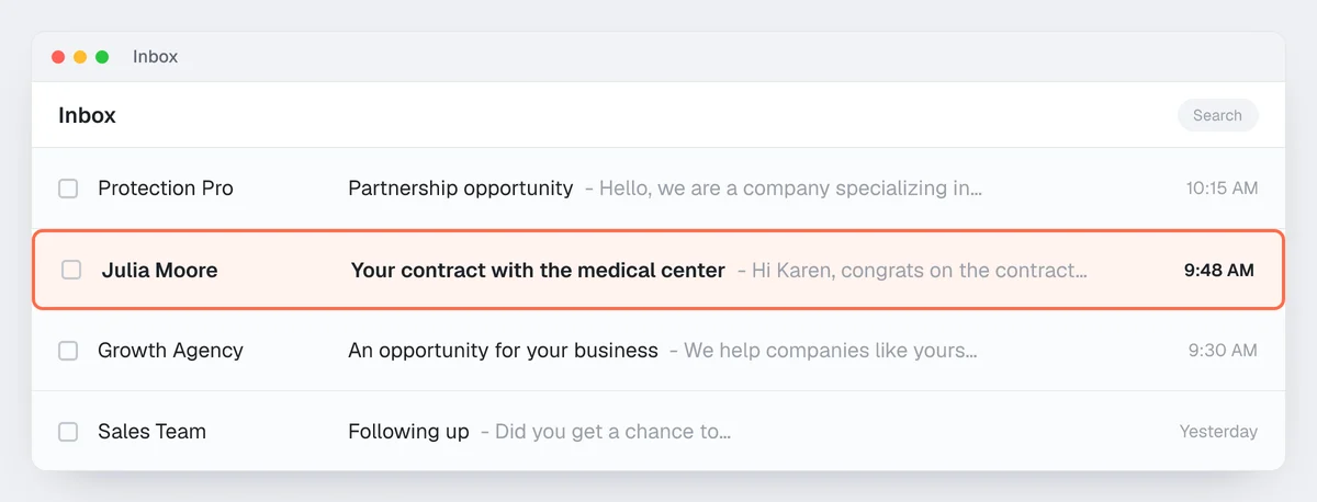 Example inbox: the subject "Your contract with the medical center" stands out among generic sales subject lines