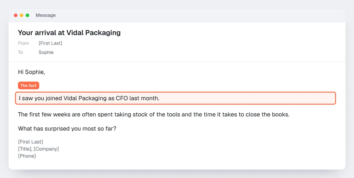 Example prospecting email after a new role: subject, first sentence about the fact (highlighted), question, signature