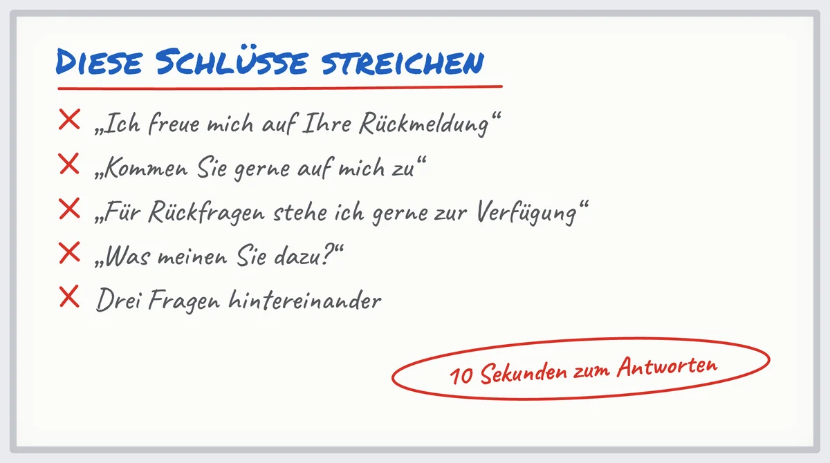 Whiteboard: Schlüsse von Akquise-E-Mails, die Sie streichen sollten, von „Ich freue mich auf Ihre Rückmeldung“ an