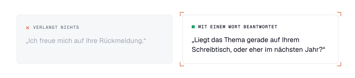 Schluss einer Akquise-E-Mail: „Ich freue mich auf Ihre Rückmeldung“ neben einer Frage, die man mit einem Wort beantwortet
