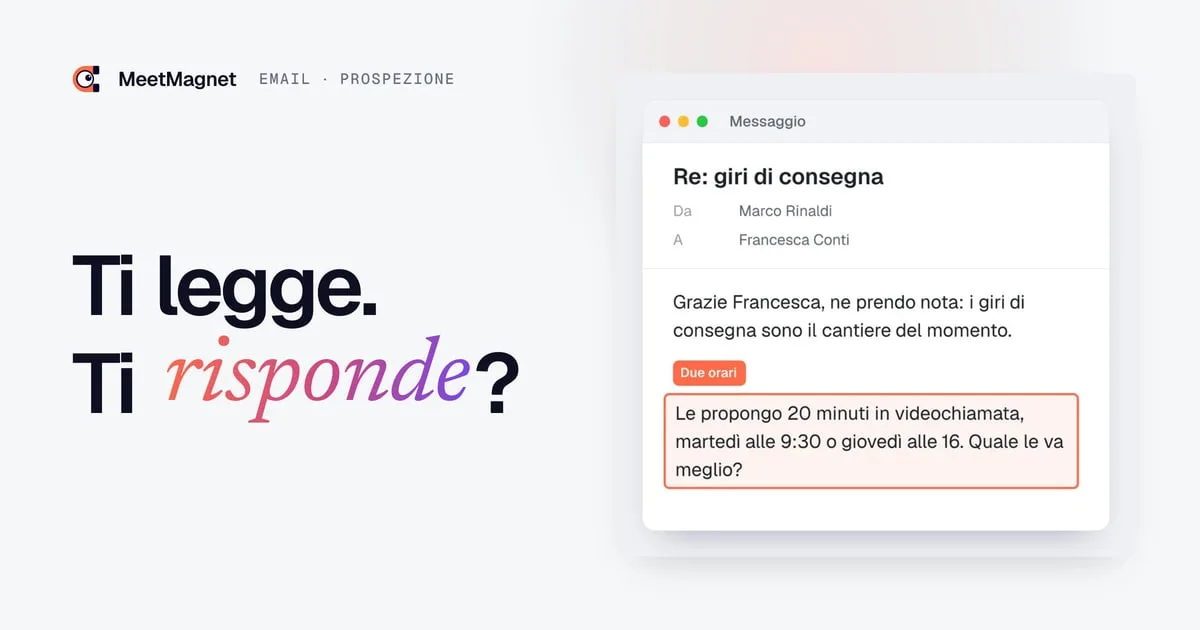 Esempio di email di prospezione: l'ultima frase, che propone due orari precisi, è evidenziata