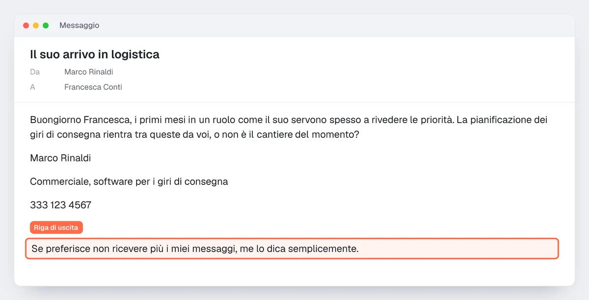 Esempio di email di prospezione: la domanda finale, poi una firma in 4 righe con la riga di uscita evidenziata