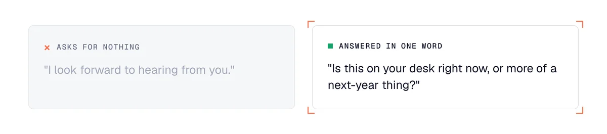 Ending a prospecting email: "I look forward to hearing from you" next to a choice question answered in one word