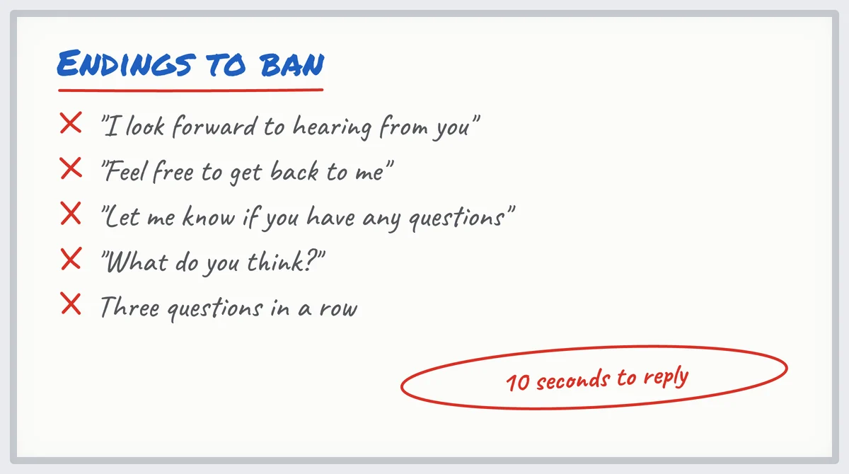 Whiteboard: prospecting email endings to ban, from "I look forward to hearing from you" to three questions in a row