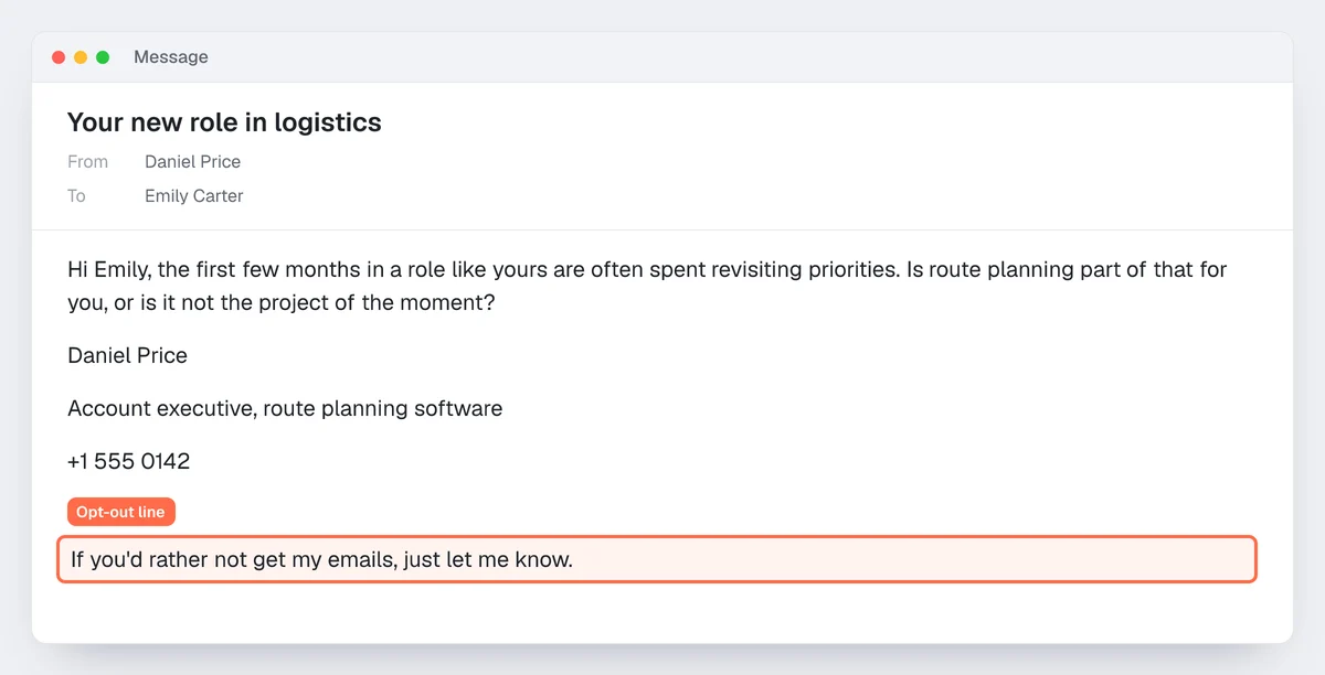 Example of a prospecting email: the closing question, then a 4-line signature with the opt-out line highlighted