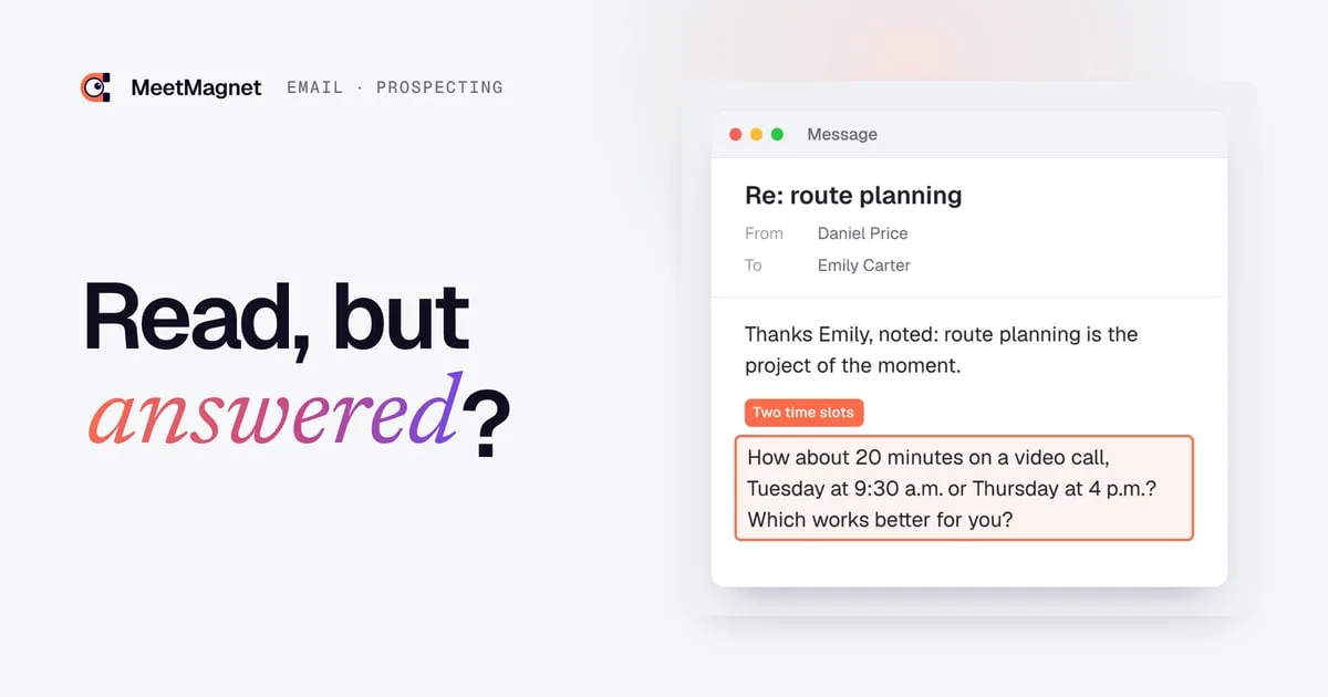 Example of a prospecting email: the last sentence, offering two specific time slots, is highlighted