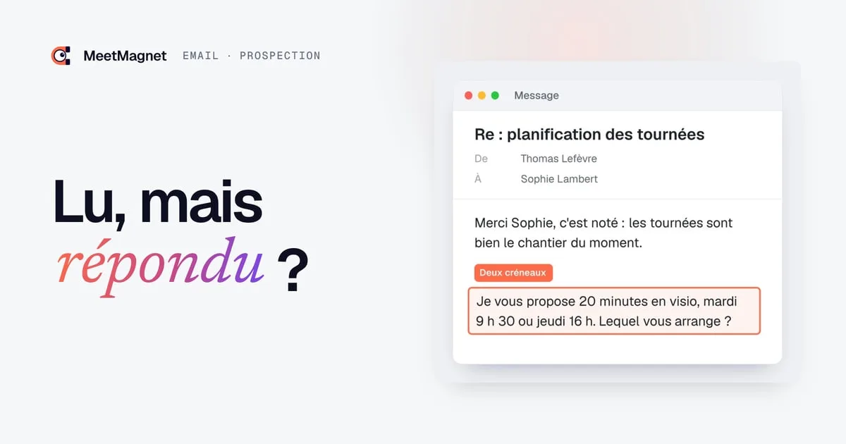 Exemple de mail de prospection : la dernière phrase, qui propose deux créneaux précis, est surlignée