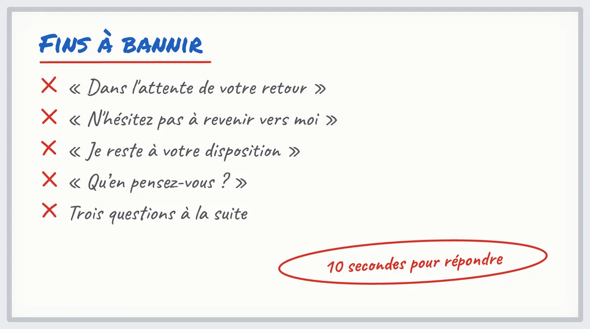 Tableau blanc : les fins de mail de prospection à bannir, de « Dans l'attente de votre retour » aux trois questions