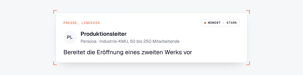 Beispiel einer Signalkarte: Persona Produktionsleiter, MOMENT stark, bereitet ein zweites Werk vor