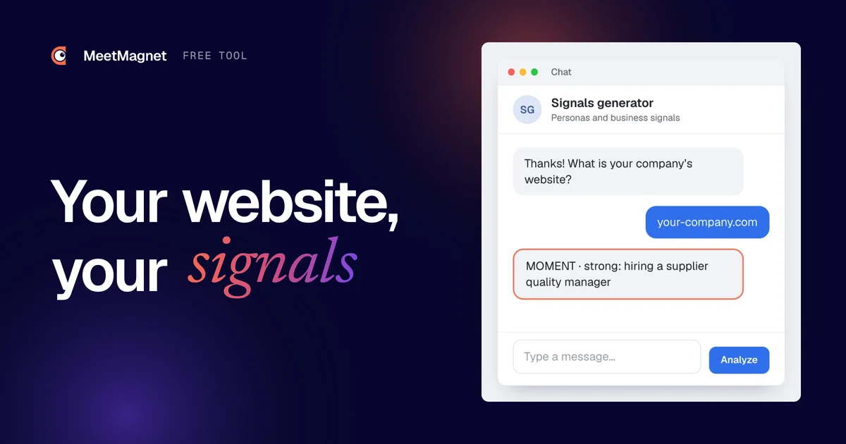 Example of the generator chat: it asks for the company website, then answers with a strong business signal