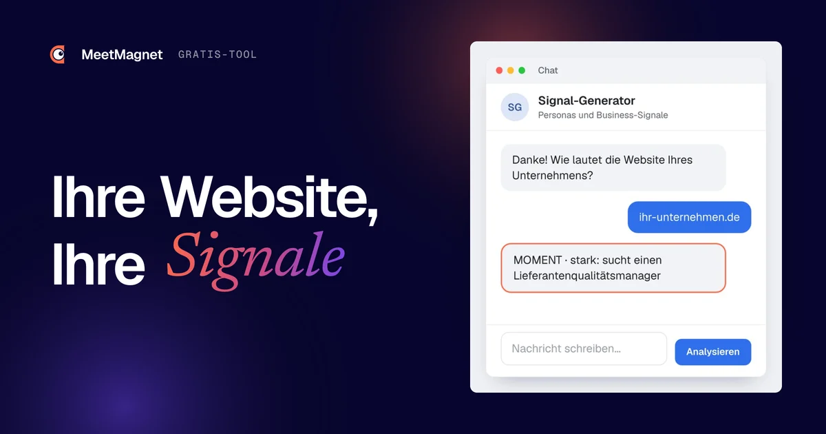 Beispiel des Generator-Chats: Er fragt nach der Website des Unternehmens und antwortet mit einem starken Business-Signal