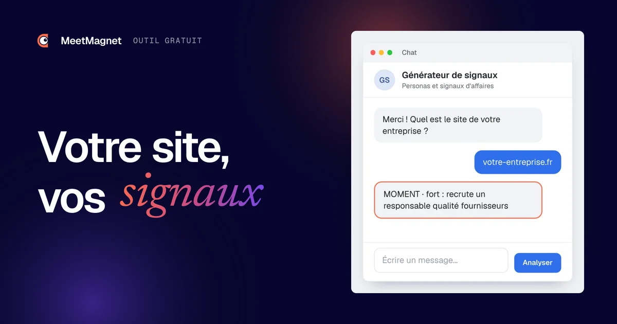 Exemple du chat du générateur : il demande le site de l'entreprise, puis répond par un signal d'affaires fort