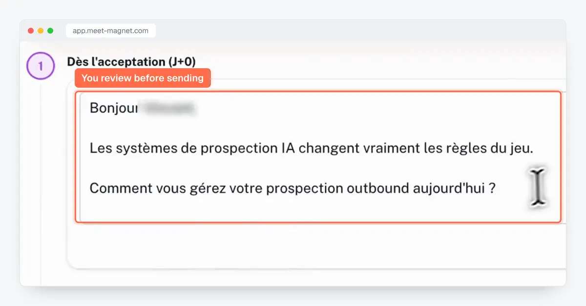 MeetMagnet app screenshot: first prospecting message drafted by AI, to review before sending