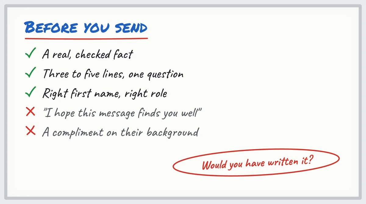 Marker checklist for reviewing an AI-written prospecting message before sending it