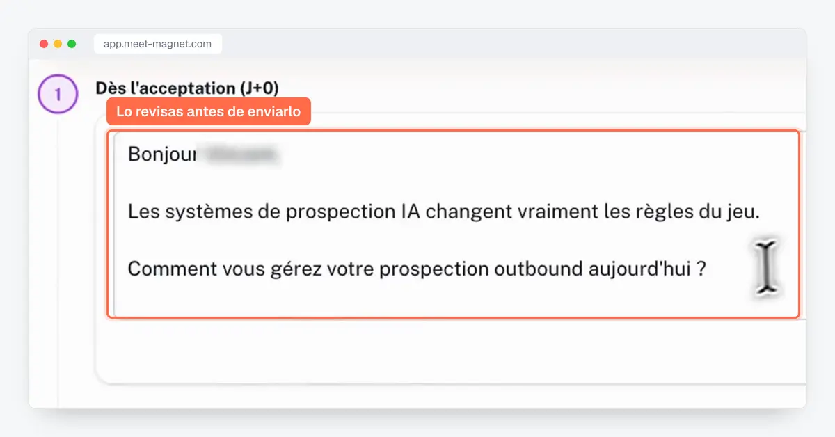 Captura de la app MeetMagnet: primer mensaje de prospección preparado por la IA, para revisar antes de enviar