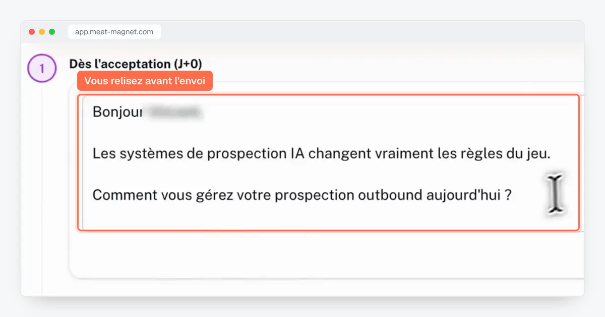 Capture de l'app MeetMagnet : premier message de prospection préparé par l'IA, à relire avant l'envoi