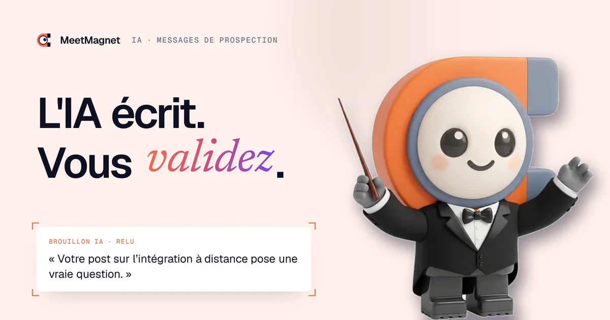 La mascotte MeetMagnet en chef d'orchestre : l'IA écrit, vous validez