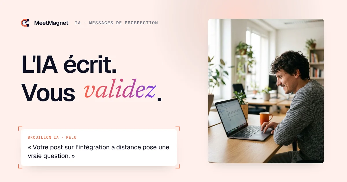 Etienne Douillard, fondateur de MeetMagnet, relit à son ordinateur un message de prospection préparé par l'IA