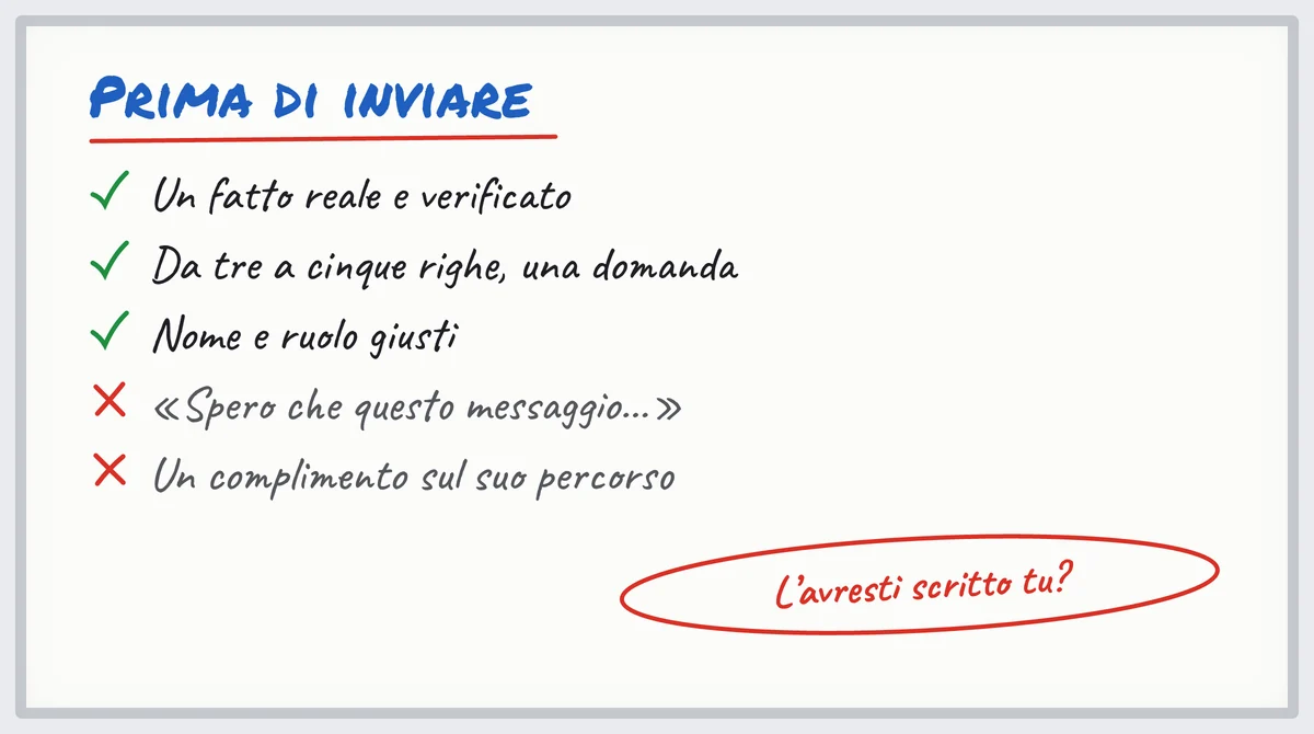 Checklist a pennarello per rileggere un messaggio di prospezione scritto con l'IA prima di inviarlo
