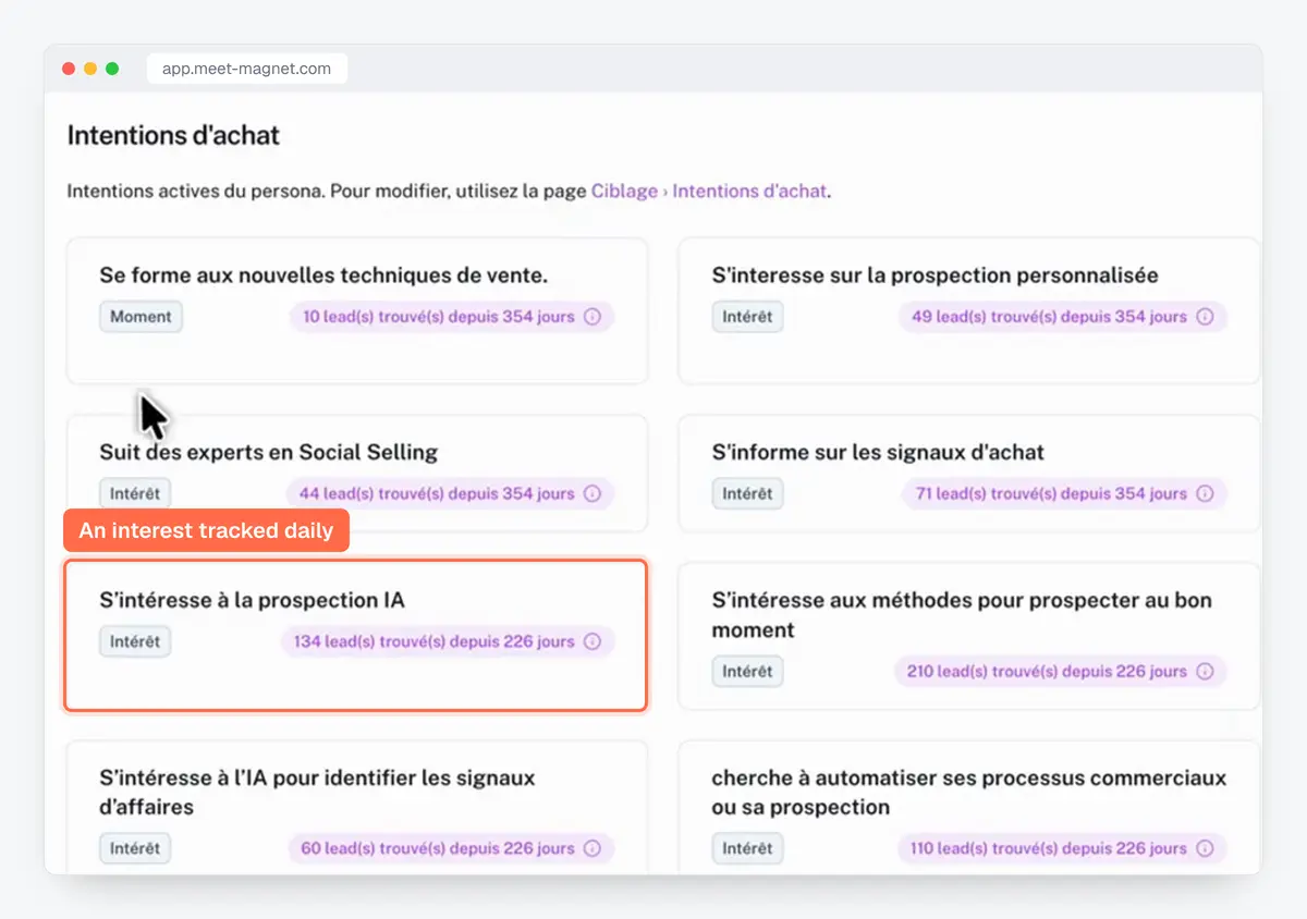 MeetMagnet app screenshot: list of tracked business signals, interests and moments, with the prospects found