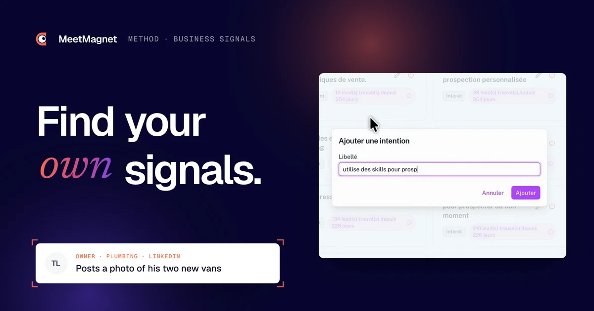 MeetMagnet app screenshot: adding a business signal to track