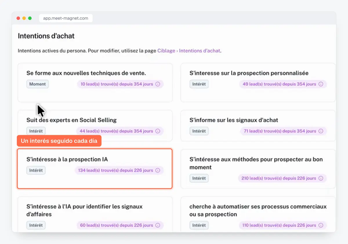 Captura de la app MeetMagnet: lista de señales de negocio seguidas, intereses y momentos, con los prospectos encontrados